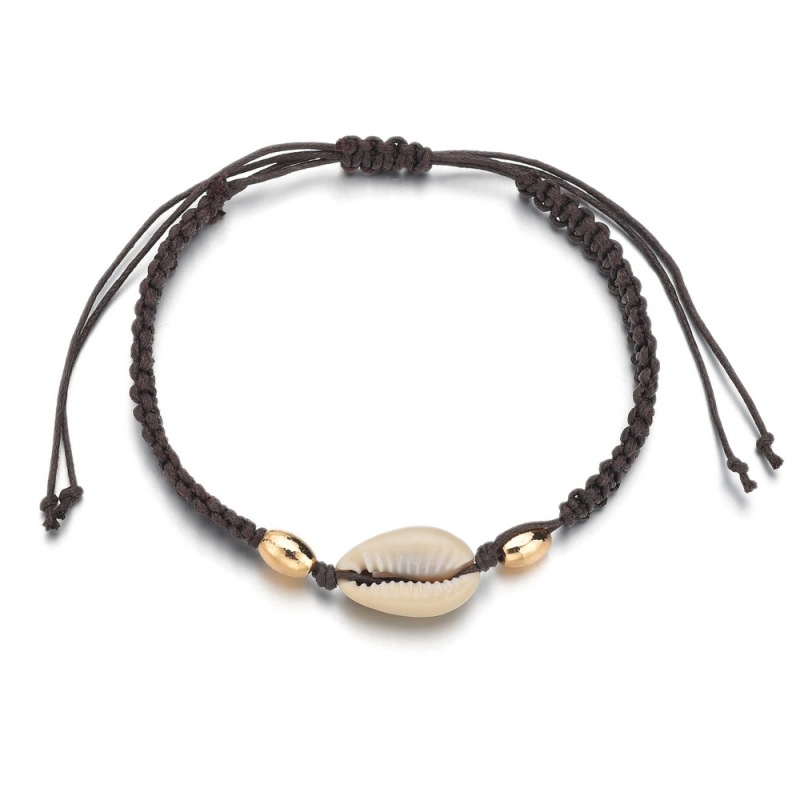 Women accessories brown handmade leather jewelry ankle bracelet shell anklet