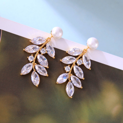 Wholesale zircon women leaf pearl copper rhinestone crystal bridal earrings