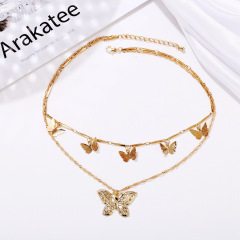 2020 new design creative retro golden alloy layered butterfly necklace for women