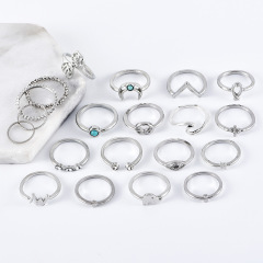 20pcs Fashion vintage silver boho Beach Ring Punk Hollow  heart diamond encrusted cross large jewel moon leaf opening ring set