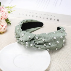 Pearl knotted headband solid color sweet fabric girl wide elastic hair band for women