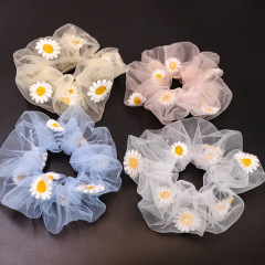Hot selling New Style Organza Embroidery Print Daisy Hair Scrunchies for girls