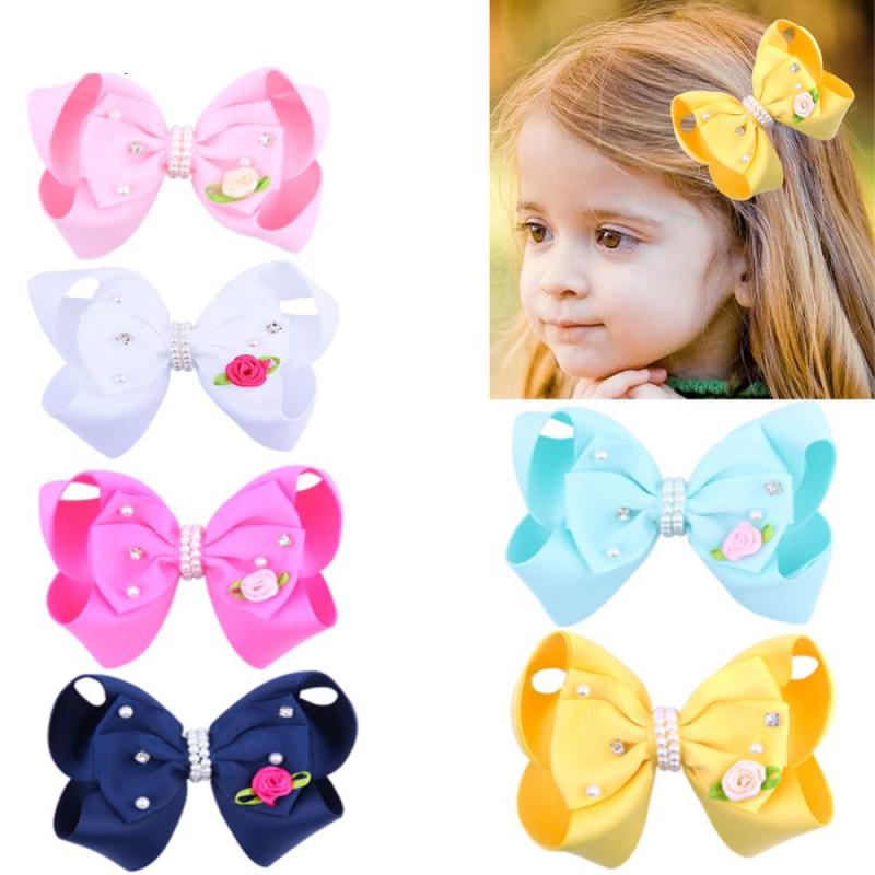 2020 New Arrived Grosgrain Ribbon Pearl Flower Bows Hair Clips For Kids