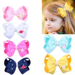 2020 New Arrived Grosgrain Ribbon Pearl Flower Bows Hair Clips For Kids