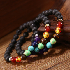 Colorful Natural Stone Yoga Valconic Healing Energy Lava Stone 7 Chakra Diffuser Beaded Bracelet