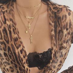 wish Amazon ins fashion gold plated lock cross name multi layered chain choker necklace for women lady girls