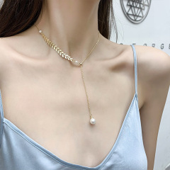 Ins Popular Fashion Fairy Willow Leaf Pendant Pearl Alloy Choker Necklace