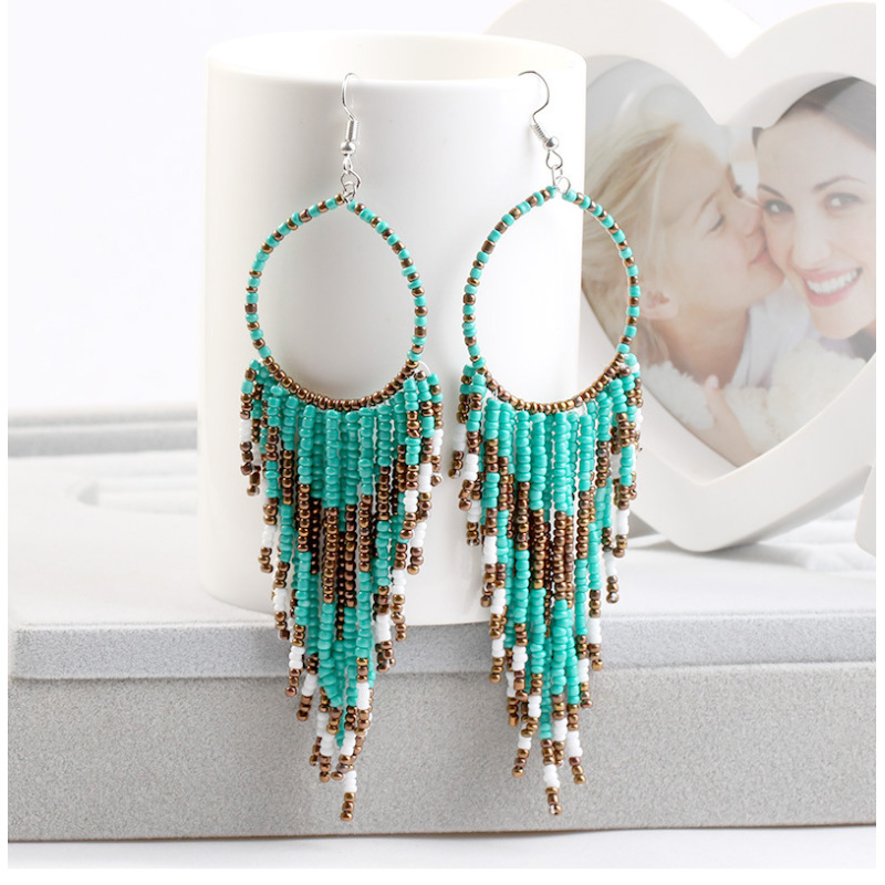 Vintage Bohemian National Style Copper Wire Long Womentassel Bead Earrings