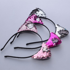 Wholesale ins winter Christmas Hoop Party Reflective Accessories fuzzy ball sequin girl cat ear hair band for kids