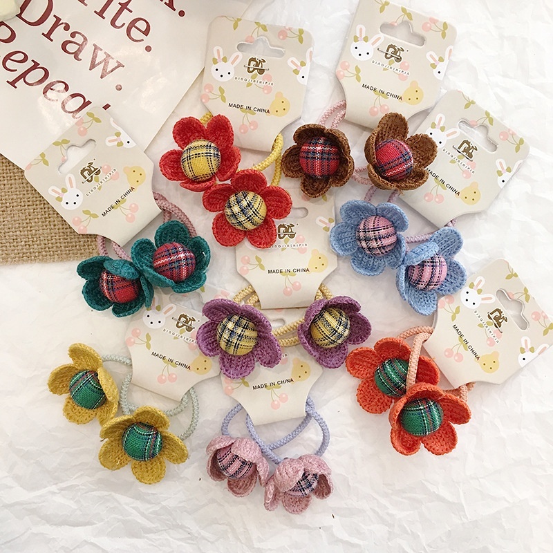 Wholesale Korean colorful autumn new flower hair band checkered core elastic hair ties for baby girls Wholesale Korean colorful autumn new flower hair band checkered core elastic hair ties for baby girls