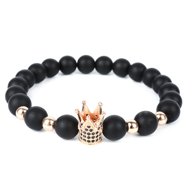 2020 New Arrival 8mm Black Natural Stones Rhinestone Men Crown Bead Bracelet For Gifts
