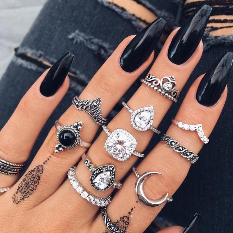 Fashion vintage silver boho Beach Ring Punk Hollow out  jewely  moon diamond crystal stack ring set boho for girls women