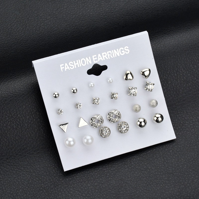 12 pcs alloy zircon earrings with diamond round heart stud earring sets