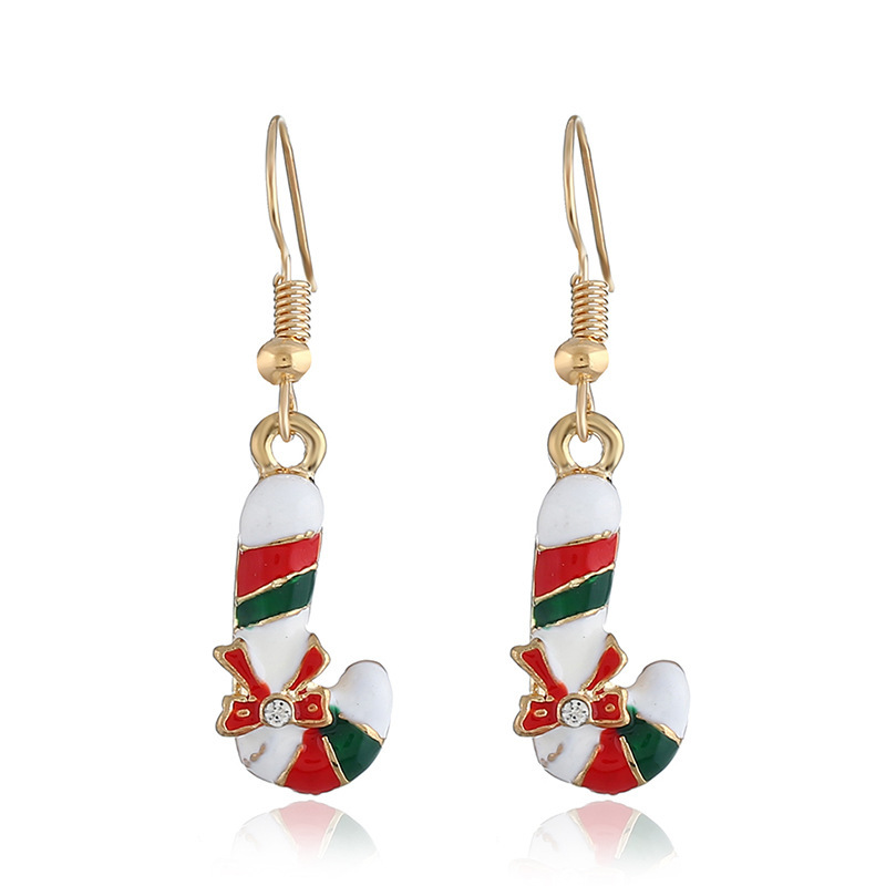 wholesale rhinestone alloy oil drip paint Christmas cane lady women hook earrings
