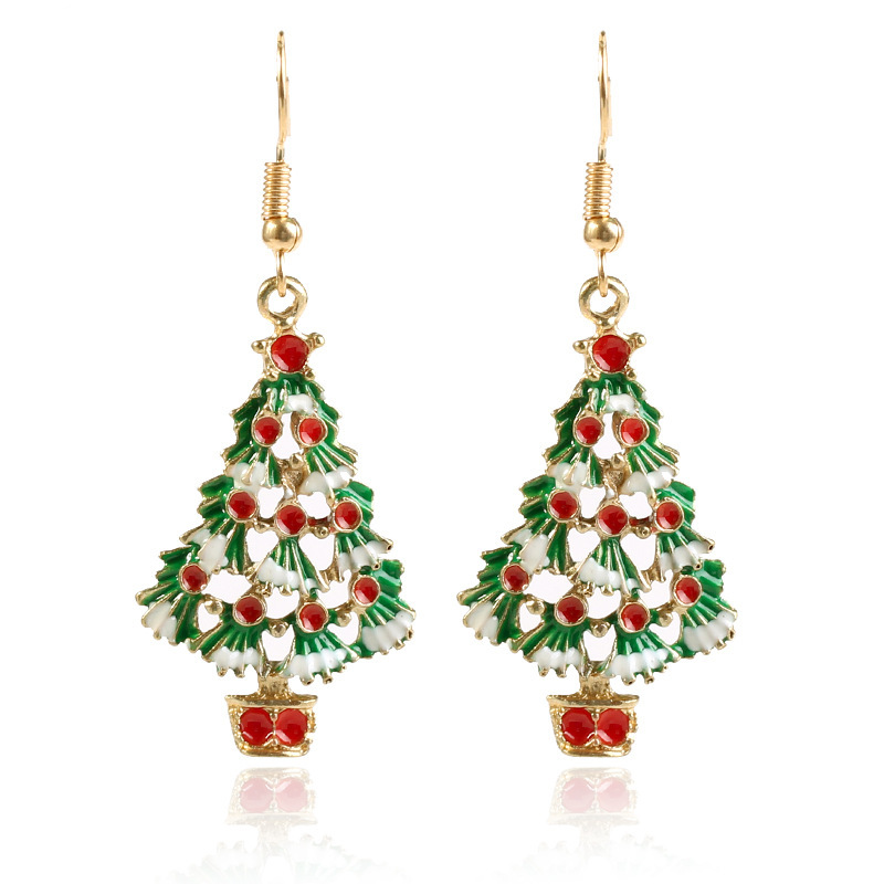Custom trendy small wholesale women hook oil drip paint alloy christmas tree earrings Custom trendy small wholesale women hook oil drip paint alloy christmas tree earrings