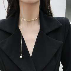 Ins Popular Fashion Fairy Willow Leaf Pendant Pearl Alloy Choker Necklace