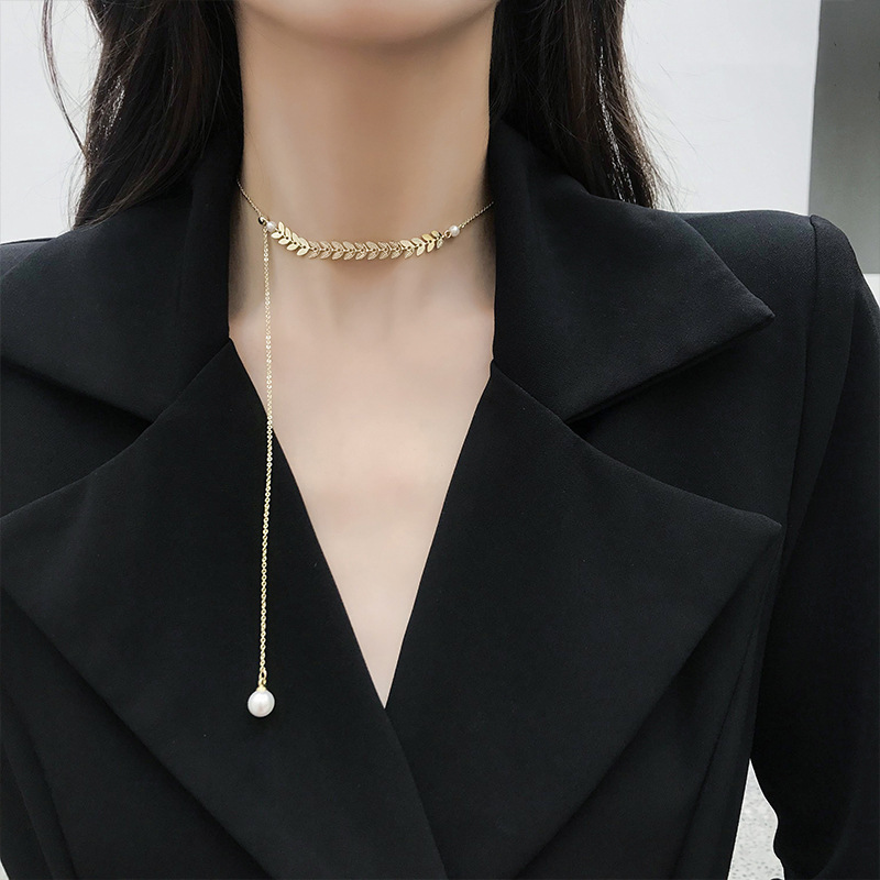 Ins Popular Fashion Fairy Willow Leaf Pendant Pearl Alloy Choker Necklace Ins Popular Fashion Fairy Willow Leaf Pendant Pearl Alloy Choker Necklace