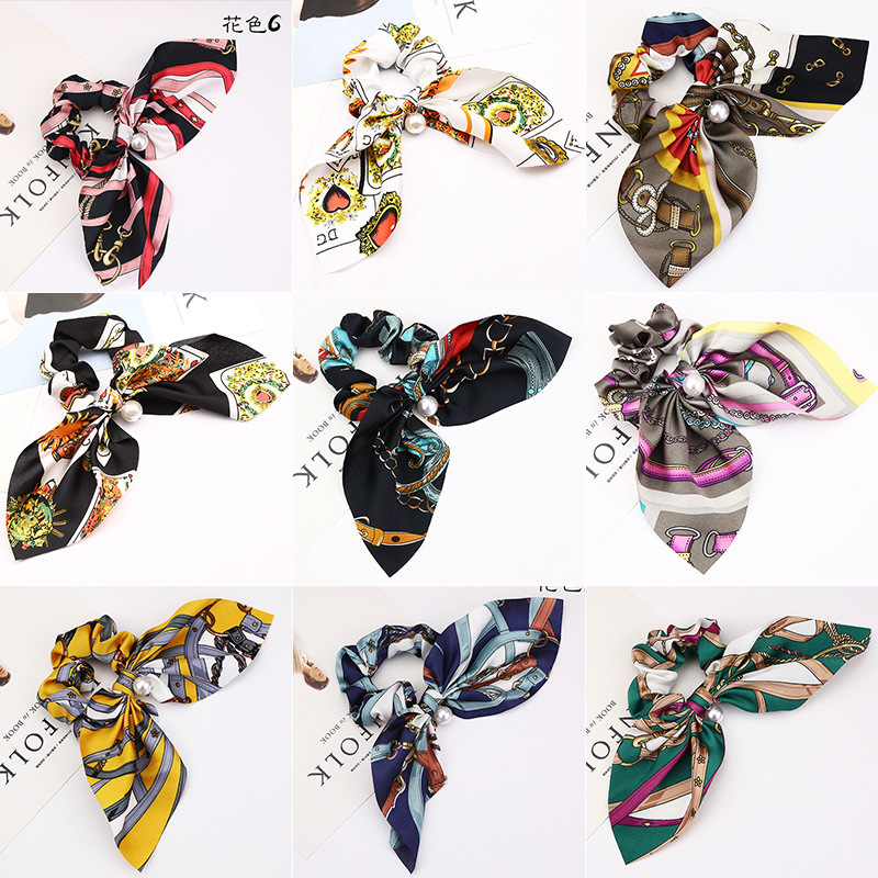 Solid Color Long Scrunchies bow  pearl Rubber Bands hair ties with bow