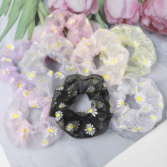 New style transparent embroidered small daisy mesh large hair scrunchies for girls