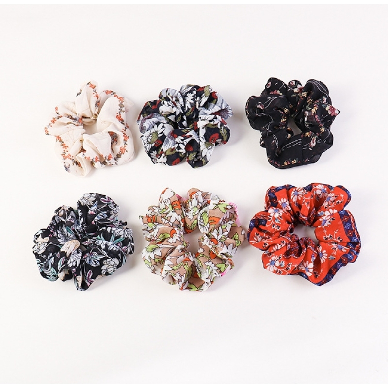 spring and summer Korean new retro printed floral simple girls chiffon fabric hair scrunchies