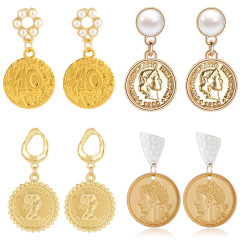 New Design INS Hot Vintage Round Irregular Pearl Baroque Head Coin Earrings