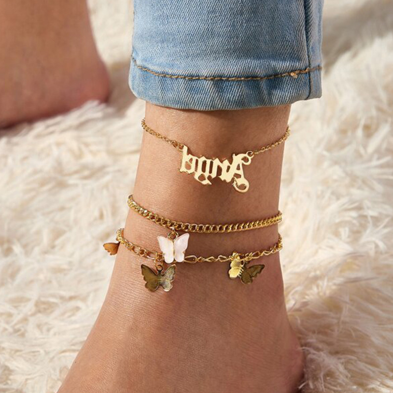 Boho Women Letters Angel Multi-layer Pink Butterfly Anklet for girls foot jewelry