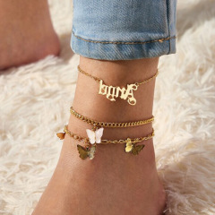Boho Women Letters Angel Multi-layer Pink Butterfly Anklet for girls foot jewelry Boho Women Letters Angel Multi-layer Pink Butterfly Anklet for girls foot jewelry
