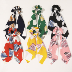 Fashion Girl Multi Printed Elastic Dot Hair Scrunchies Hair Tie Long Scarf Scrunchies For Women