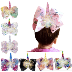 Quaint grosgrain ribbon rainbow colored nuicorn hair bow clips girls kids hairpins for hair