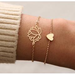 2pcs/set Female Bohemia Gold Hollow Lotus Love Heart Chain Bracelet Set 2pcs/set Female Bohemia Gold Hollow Lotus Love Heart Chain Bracelet Set