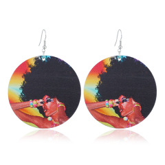 2020 new arrive custom 10designs fashion printing big round drop african afro wooden earring wood jewelry for women