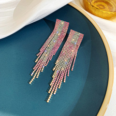Fashion jewelry exaggeration long tassel colorful rhinestone earrings for women
