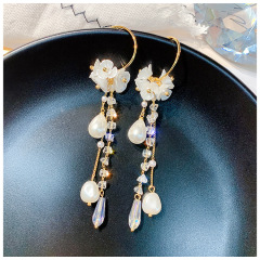 fashion jewelry women flower faux pearl crystal long tassel earrings for party or wedding