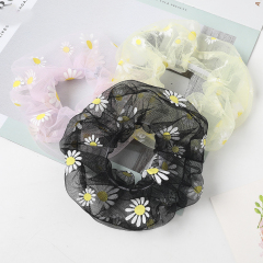 New style transparent embroidered small daisy mesh large hair scrunchies for girls
