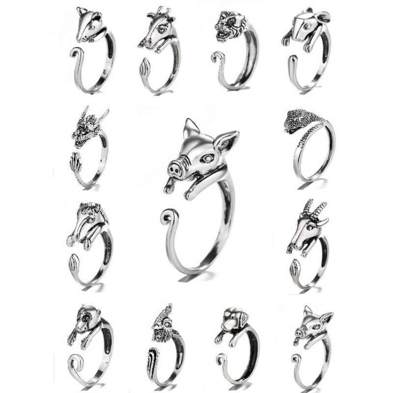 Antique Silver Women Men Jewelry Cute Pig 3D Zodiac Animal Adjustable  Ring