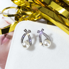 Fashion S925 silver needle crystal bow pearl alloy fashion stud earring with rhinestone