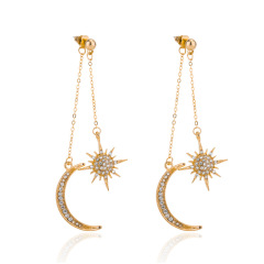 Fashion Crystal Rhinestone Star Moon Tassel Long Chain Dangle Ear Stud Earrings