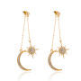 Fashion Crystal Rhinestone Star Moon Tassel Long Chain Dangle Ear Stud Earrings