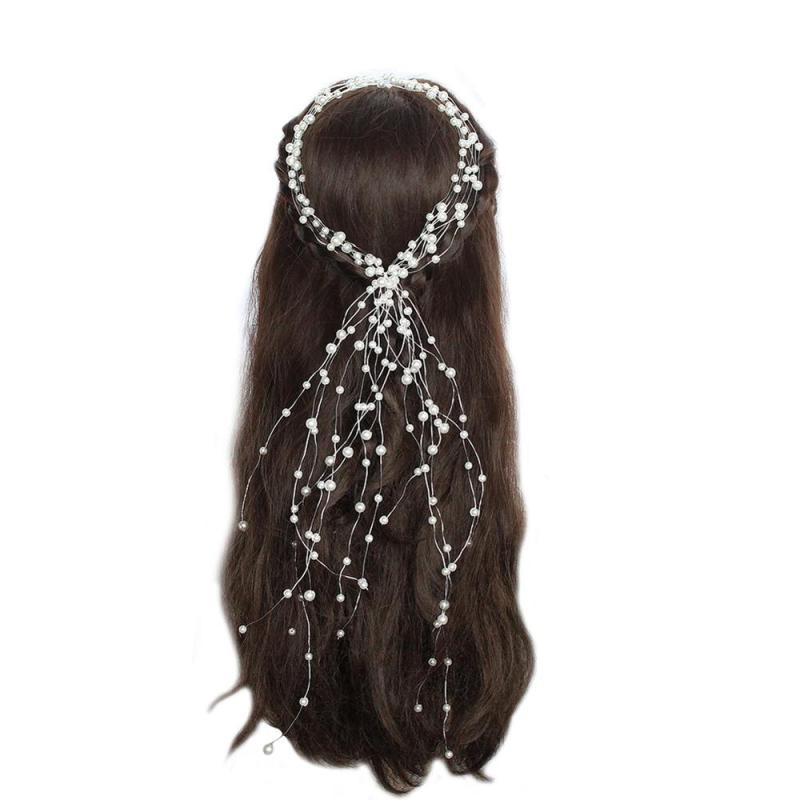 Handmade long Hair Wedding Accessories Ribbon tassels peal Bridal Headband