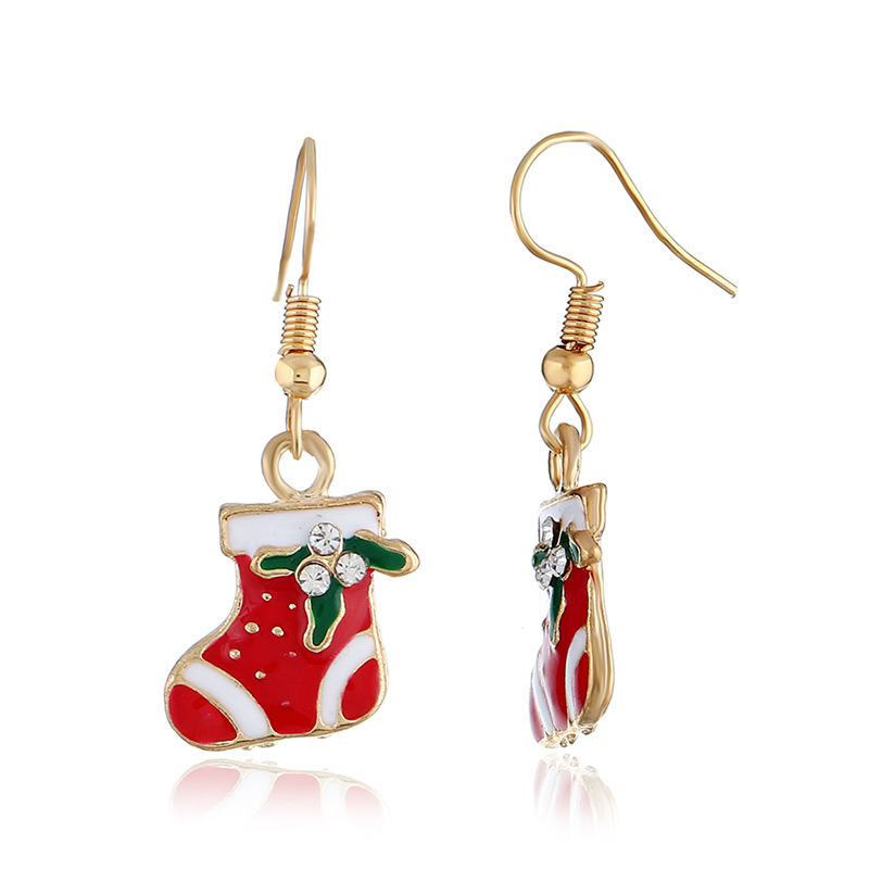 Trendy new rhinestone alloy oil drip paint christmas stocking women hook earrings Trendy new rhinestone alloy oil drip paint christmas stocking women hook earrings
