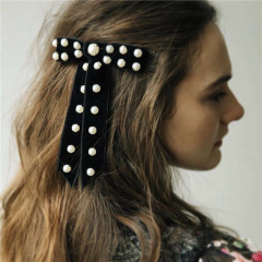 2020 Custom ins fancy fashion vintage lady black long scrunchy pearl bow hair clips clippers for women