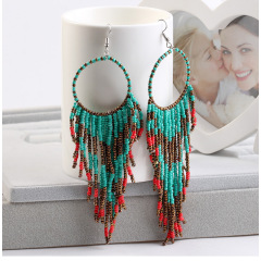 Vintage Bohemian National Style Copper Wire Long Womentassel Bead Earrings