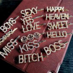 GIRLS BOYS BOSS KISS LOVE Letter Hair Clips Glitter Word Pins Pearl Rhinestones Hair Barrettes