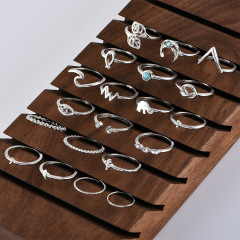 20pcs Fashion vintage silver boho Beach Ring Punk Hollow  heart diamond encrusted cross large jewel moon leaf opening ring set