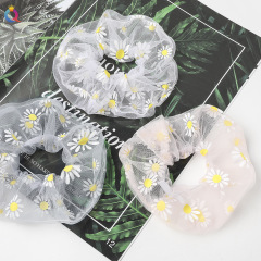 New style transparent embroidered small daisy mesh large hair scrunchies for girls