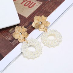 factory custom fashion trendy girls women double circle drop gold and pearl tassel earrings with pearl