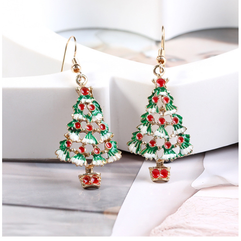 Custom trendy small wholesale women hook oil drip paint alloy christmas tree earrings Custom trendy small wholesale women hook oil drip paint alloy christmas tree earrings