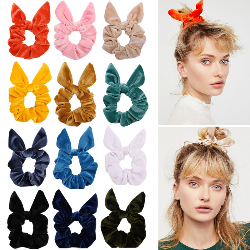 vintage ins amazon fancy Fashion fabric elastic hair ties velvet rabbit ear scrunchies for hair
