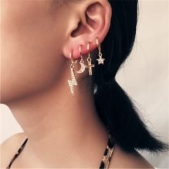 European and American 4pcs/set Lightning Cross Star Moon Gold-color Crystal Earrings