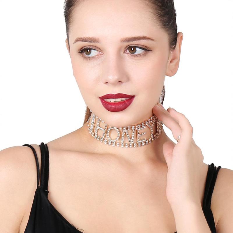 Fashion Punk Exaggeration Super Flash Night Club Rhinestone Letter HONEY Choker Necklace For Women Fashion Punk Exaggeration Super Flash Night Club Rhinestone Letter HONEY Choker Necklace For Women